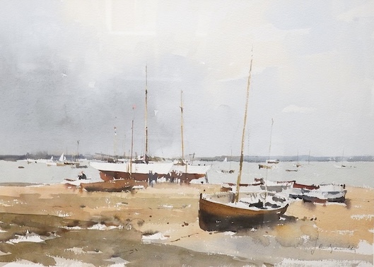 20th century School, Beach scene with sailing boats, indistinctly signed, watercolour, 34 x 47cm